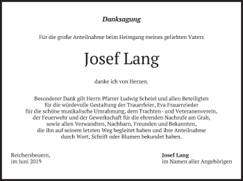 Todesanzeige von Josef Lang von merkurtz