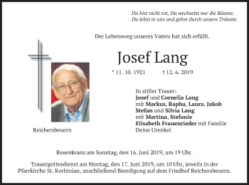Todesanzeige von Josef Lang von merkurtz