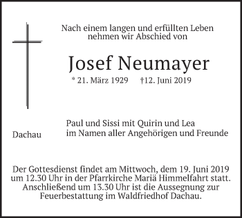 Todesanzeige von Josef Neumayer von merkurtz
