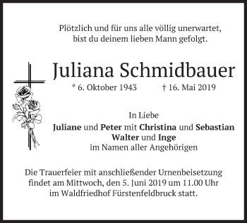 Todesanzeige von Juliana Schmidbauer von merkurtz