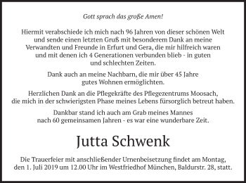 Todesanzeige von Jutta Schwenk von merkurtz