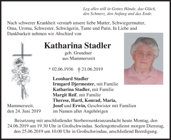 Todesanzeige von Katharina Stadler von merkurtz