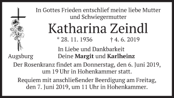 Todesanzeige von Katharina Zeindl von merkurtz