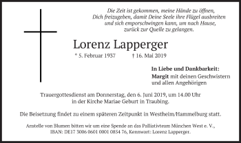 Todesanzeige von Lorenz Lapperger von merkurtz