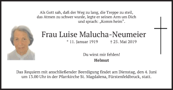 Todesanzeige von Luise Malucha-Neumeier von merkurtz