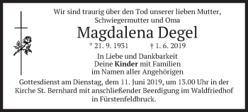Todesanzeige von Magdalena Degel von merkurtz
