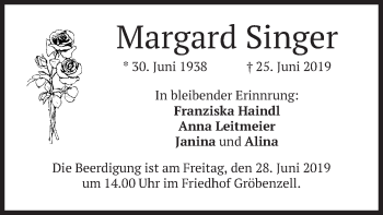 Todesanzeige von Margard Singer von merkurtz
