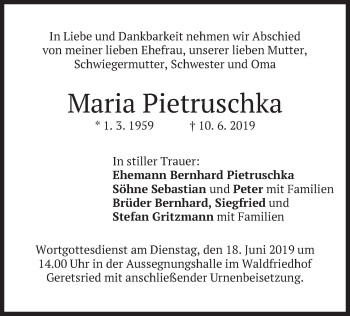 Todesanzeige von Maria Pietruschka von merkurtz