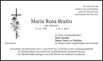 Todesanzeige von Maria Rosa Braito von merkurtz