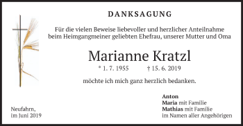 Todesanzeige von Marianne Kratzl von merkurtz