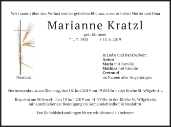 Todesanzeige von Marianne Kratzl von merkurtz