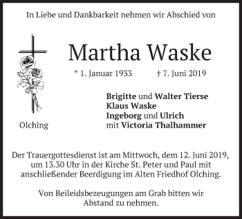 Todesanzeige von Martha Waske von merkurtz