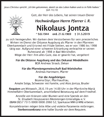 Todesanzeige von Nikolaus Jontza von merkurtz