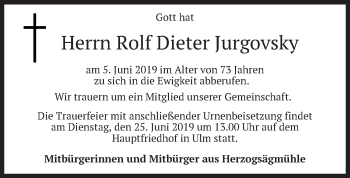 Todesanzeige von Rolf Dieter Jurgovsky von merkurtz