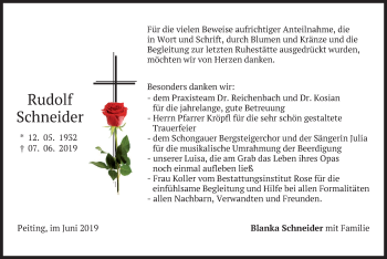 Todesanzeige von Rudolf Schneider von merkurtz
