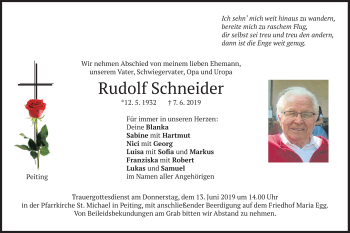 Todesanzeige von Rudolf Schneider von merkurtz