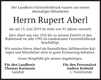 Todesanzeige von Rupert Aberl von merkurtz