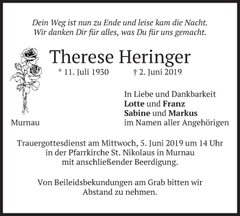 Todesanzeige von Therese Heringer von merkurtz