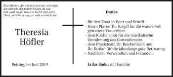 Todesanzeige von Theresia Höfler von merkurtz