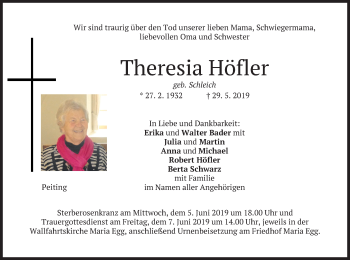 Todesanzeige von Theresia Höfler von merkurtz