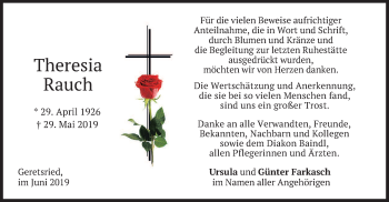 Todesanzeige von Theresia Rauch von merkurtz