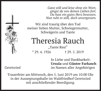 Todesanzeige von Theresia Rauch von merkurtz