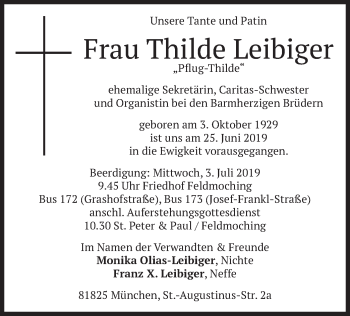 Todesanzeige von Thilde Leibiger von merkurtz