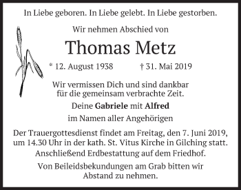 Todesanzeige von Thomas Metz von merkurtz