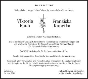 Todesanzeige von Viktoria und Franziska Rauh und Kunetka von merkurtz