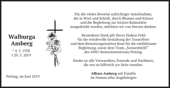 Todesanzeige von Walburga Amberg von merkurtz