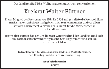 Todesanzeige von Walter Büttner von merkurtz