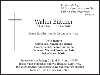 Todesanzeige von Walter Büttner von merkurtz