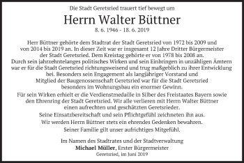 Todesanzeige von Walter Büttner von merkurtz