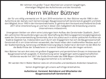 Todesanzeige von Walter Büttner von merkurtz