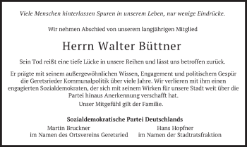 Todesanzeige von Walter Büttner von merkurtz