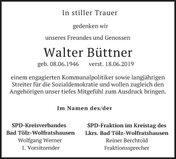 Todesanzeige von Walter Büttner von merkurtz