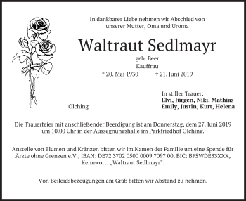 Todesanzeige von Waltraut Sedlmayr von merkurtz