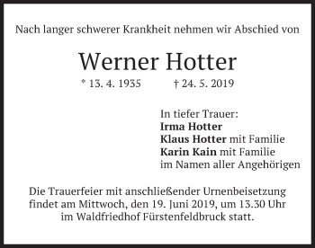 Todesanzeige von Werner Hotter von merkurtz