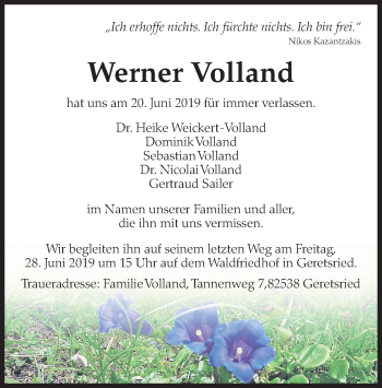 Todesanzeige von Werner Volland von merkurtz