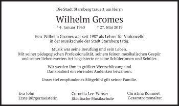 Todesanzeige von Wilhelm Gromes von merkurtz