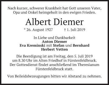 Todesanzeige von Albert Diemer von merkurtz