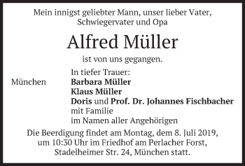 Todesanzeige von Alfred Müller von merkurtz