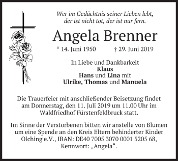 Todesanzeige von Angela Brenner von merkurtz