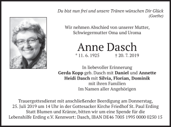 Todesanzeige von Anne Dasch von merkurtz