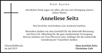 Todesanzeige von Anneliese Seitz von merkurtz