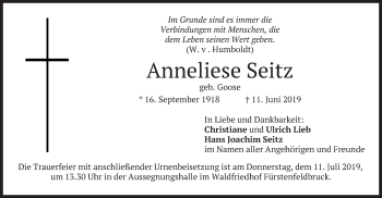 Todesanzeige von Anneliese Seitz von merkurtz