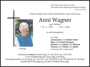 Todesanzeige von Anni Wagner von merkurtz