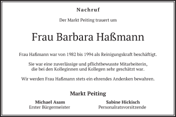 Todesanzeige von Barbara Haßmann von merkurtz