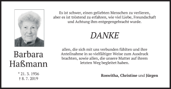 Todesanzeige von Barbara Haßmann von merkurtz