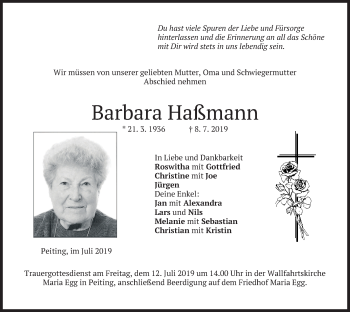 Todesanzeige von Barbara Haßmann von merkurtz